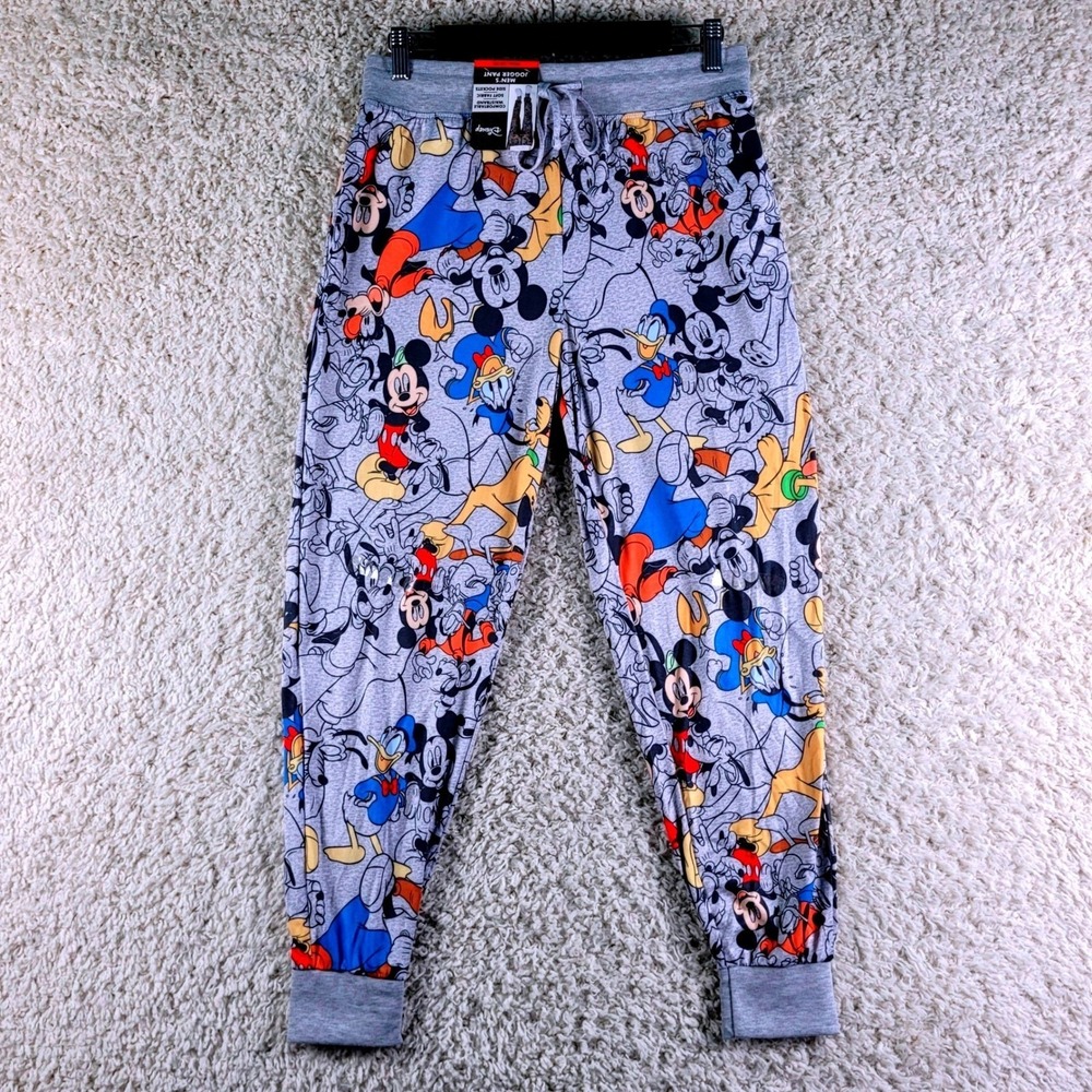 Disney Jogger Pant Mens Small Gray Mickey Mouse Donald Duck Pluto All Over Print